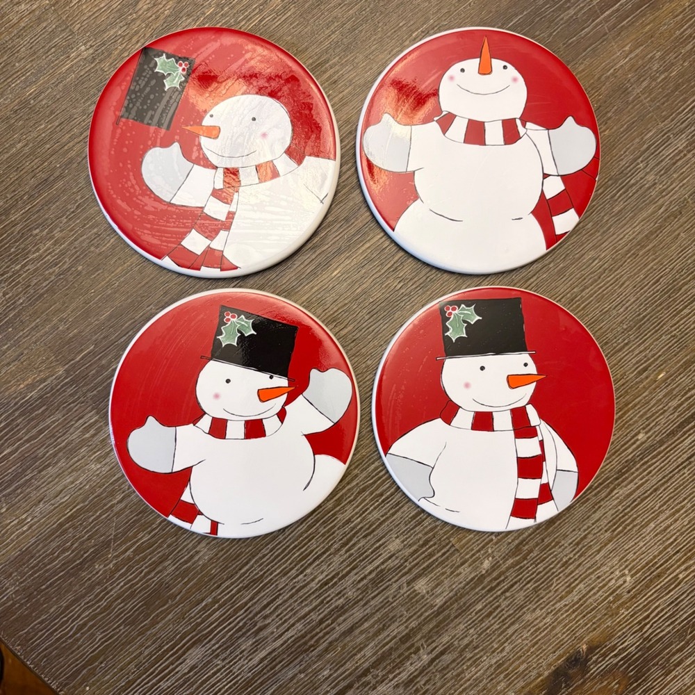 Set of 4 Christmas Snowman Coasters Red White Ceramic Cork Back Holiday Décor 4"